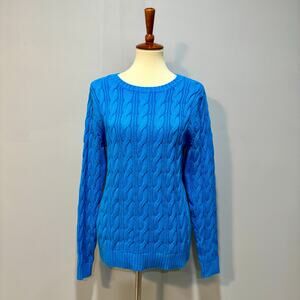 Lands' End Cotton Cable Knit Crewneck Sweater Bright Blue Preppy winter, Size M